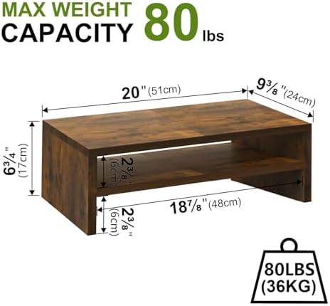 TEAMIX 20 inch Monitor Riser Stand - 2 Tiers, Wood Rustic Desktop Bookshelf - Image 4