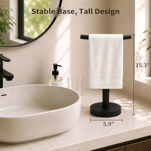 YUMORE Hand Towel Holder Stand for Bathroom & Kitchen, Freestanding T-Shape Towel Rack with Weighted Base, Matte Black - Image 5