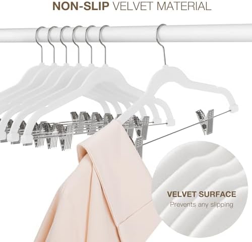 Korpai 36-Pack White Velvet Hangers with Clips Adjustable,Adult Hangers,Outfit Hanger,Heavy-Duty,Felt,Non-Slip,Space Saving, for Pants, Skirts, Suits,Coats, Dresses ect. - Image 4