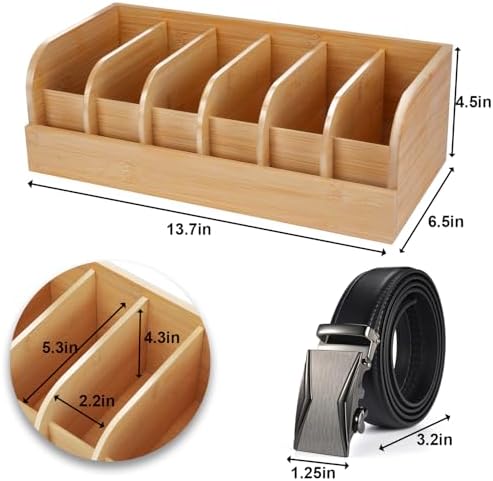 GTI Belt Organizer, 6 Compartments Belt Organizer for Closet and Drawer, Bamboo Display Case for Tie and Belt, Belt Storage Organizer for Men Women (Wooden) - Image 3