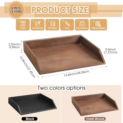 Beeveer 2 Pcs Dark Wood Letter Tray Wooden Desk Paper Organizer 2 Tier Stackable Load Documents Desktop Tray Drawer File Folder Magazine Office Accessories for Home Office Back to School - Image 2