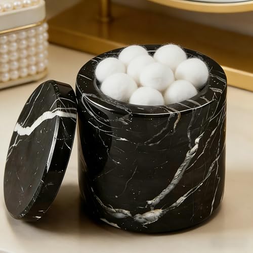 Black Marble Canister with Lid, Round Qtip Container, 3 diam x 3.5 ht Inch Sturdy Storage Jar, Bathroom Essentials Marble Canister for Cotton Balls, jewelry, Bath Salt by Unknown
