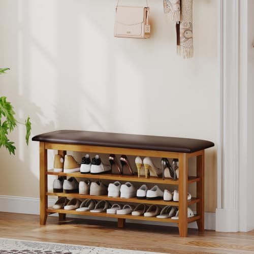 Shoe Rack Bench Entryway, Solid Wood with Leather Cushion 39.3" by Unknown