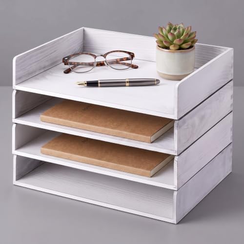 Yeaqee 4 Pcs Stackable Organizer Tray Wood Desk Organizer, Vintage White by Yeaqee