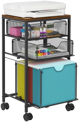 BOHDK Rolling File Cart with 3 Storage Drawers, Wood & Mesh Hanging File Folder Organizer with Wheels Under Desk, File Cabinets for Home Office, 11.81" D x 14.8" W x 25.39" H, Black by BOHDK