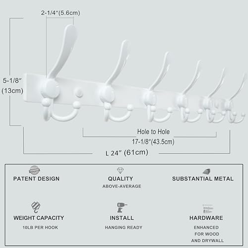 Dseap Coat Rack Wall Mount 24 Inch, Heavy Duty 12-Gauge Base vs Flimsy 1mm, Double-Thick Solid Anti-Snap Hooks, Stainless Steel 6-Hook Hanger for Clothes Hat Closet Entryway, White, Pack of 2 - Image 3
