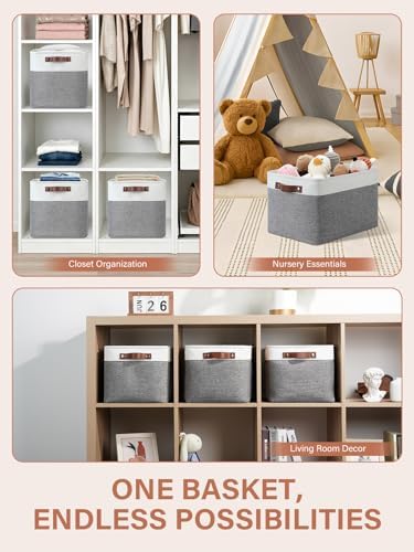 DULLEMELO Storage Baskets for Organizing, Rectangular Fabric Storage Bins Collapsible, Perfect for Shelves, Closets, Empty Gift Baskets (3-Pack Medium-15 inch X 11 inch X 9.5 inch , White&Grey) - Image 6