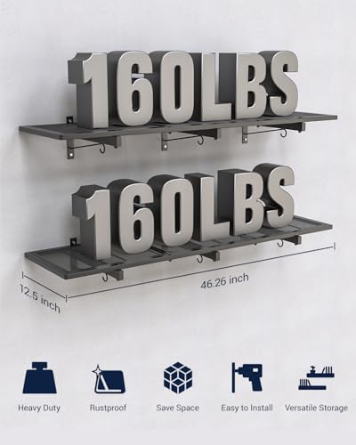 2 Pack Garage Wall Shelving, 46 x 12.5 in Heavy Duty Garage Shelves Wall Mounted, Metal Floating Wall Shelf with 8 Hooks, 360 lbs Capacity Garage Storage Organizer for Basement, Workshop - Image 2