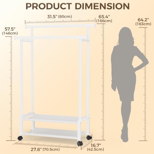 Double Rod Clothing Rack with 2 Shelves, Rolling, White - Image 3