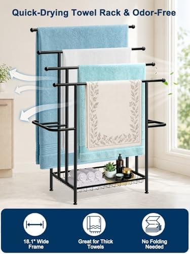 Haturi 4-Tier Free Standing Towel Rack for Bathroom, 45.3" H Black Metal Towel Drying Rack, 18.1" W with Storage Basket, Outdoor Pool Towel Holder for Oversized Towels & Blankets - Image 3