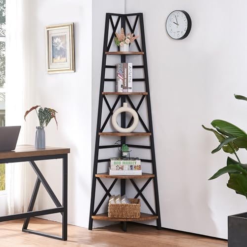 HOMBAZAAR 5 Tier Corner Shelf,72 Inch Tall Corner Bookshelf,Rustic Brown - Image 3