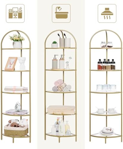 Homhedy 5-Tier Gold Corner Shelf Stand, Metal Corner Bookshelf - Image 3