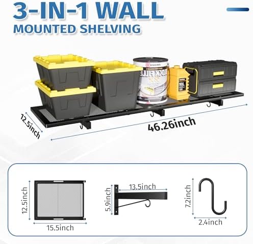 2 Pack Garage Wall Shelving,46"X 12.5" Garage Shelving Wall Mounted,Heavy Duty Garage Storage Rack with 8 Hooks,320 LBS Capacity,Black Metal Floating Organizer Shelves for Warehouse (2) - Image 2