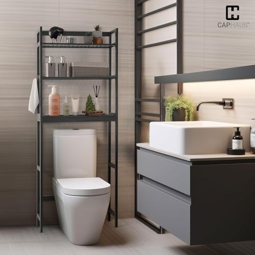 CAPHAUS Over The Toilet Storage Shelf,3-Tier Over-The-Toilet Shelf Rack with Adjustable Feet & Hooks, Freestanding Bamboo Toilet Shelf, Bathroom & Laundry Organizer, Balcony Plant Stand, Black - Image 3