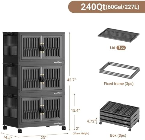 BROVIEW 240Qt Stackable Storage Bins with Lid, Extra Large Closet Organizer Collapsible Drawer Boxes with Wheels, Folding Plastic Cabinet Containers for Home Kitchen Room Organization, 3Pack Black - Image 2