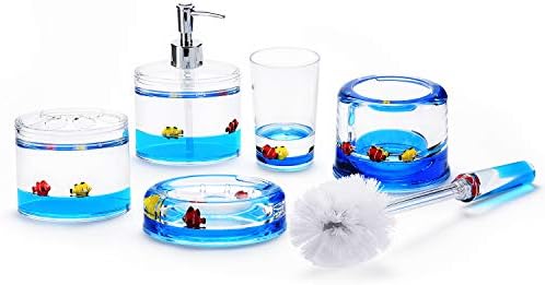 Locco Decor 5 Piece Acrylic Liquid 3D Floating Motion Bathroom Vanity Accessory Set Ocean Cartoon Animal Theme Nimo Fish Toothbrush Holder, Tumbler, Soap Dispenser, Soap Dish, Toiletbrush Holder Set - Image 2