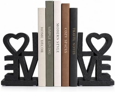 Love Bookends, Black Decorative Book Ends for Shelves, Resin Bookends Set by QIANLING