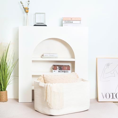 MINTWOOD Design 22in Extra Large Blanket Basket Holder Living Room, Rectangle Rope Woven Storage Basket with Handles for Laundry, Pool Towels, and Shoes, Dog Toy Organizer Bin Box, Creamy White - Image 6