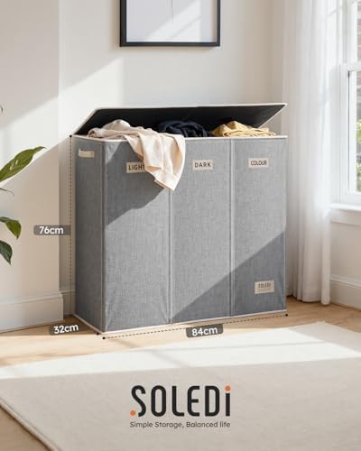 SOLEDI 200L 3-Section Laundry Hamper with Lid, Extra Large Dirty Clothes Basket with Sturdy Handles for Laundry Room & Bedroom - Durable Organizer for Sorting Laundry - Image 6