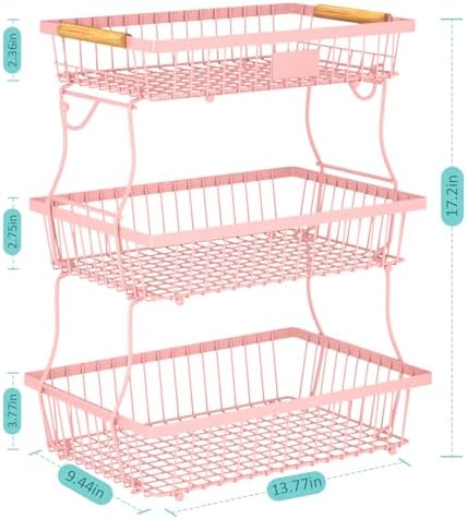 3 Tier Fruit Basket for Kitchen Counter with 2 Banana Hangers, Countertop Metal Fruit Bowl with Wooden Handle, Large Storage Stand for Vegetables, Snacks, Breads, Produce Storage – Pink - Image 4
