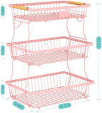 3 Tier Fruit Basket for Kitchen Counter with 2 Banana Hangers, Countertop Metal Fruit Bowl with Wooden Handle, Large Storage Stand for Vegetables, Snacks, Breads, Produce Storage – Pink - Image 4