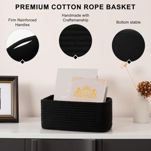 OIASKET 4 Pack Small Storage Shelf Baskets for Organizing, Mini Woven Rope Storage Bins for Towels, Cute Decorative Closet Organizer，Baby Nursery, Gift Empty Baskets -11.81''Lx7.87''Wx4.72''H-Black - Image 6