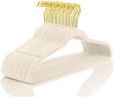 MIZGI Premium Velvet Hangers Pack 50 Pcs Heavyduty - Non Slip Slimline - Velvet Suit Hangers Ivory - Gold Hooks,Space Saving Clothes Hangers … by MIZGI