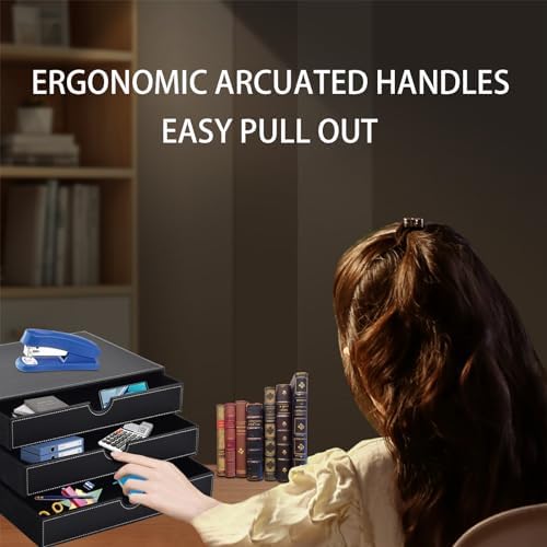 PU Leather Desk Organizer with 3 Drawers,Executive Office Supplies Desktop Filing A4 File Cabinet/Holder for Jewelry/Bill/Paper/Documents/Makeup Home Decor Stationery Storage Box,Black - Image 4