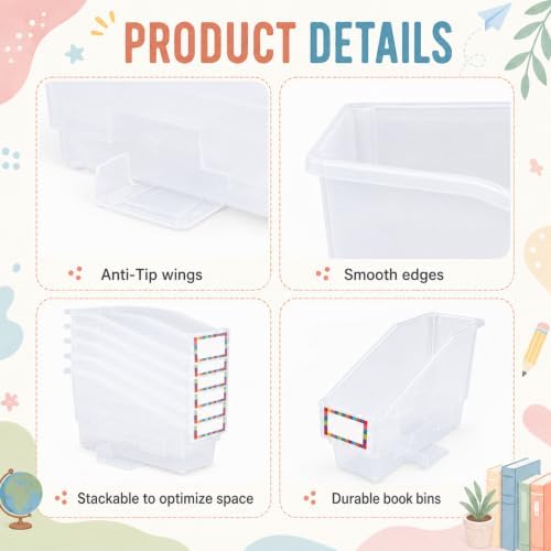 gisgfim 6 Pcs Non-Tip Book Bins with Stabilizer Wings (Clear) - Image 3