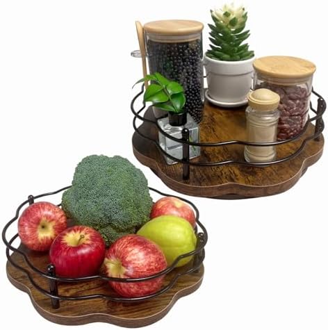 2 Pack, 11" & 12" Wooden Lazy Susan Turntable with Higher Metal Sides, 360° Rotating Lazy Susan Organization and Storage for Cabinet, Table Top, Kitchen, Countertop, Dining Table, Pantry, Coffee Bar by BaiWinlar