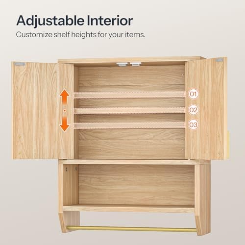 HOOBRO Fluted Bathroom Cabinet with 2 Doors, Farmhouse Bathroom Wall Cabinet with Towel Rack and Open Shelf, Fluted Wall-Mounted Medicine Storage Over The Toilet for Bathroom, Kitchen, Natural - Image 6