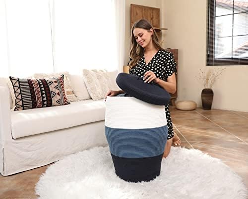 26"x20" Extra Large Tall Woven Laundry Basket with Lid, Cotton Rope Blanket Storage Basket, Freestanding Decorative Bin for Bedroom Living Room, White Denim & Navy - Image 6
