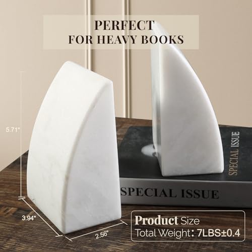 Koville Marble Bookends for Shelves, Large Bookends for Heavy Books, Natural Stone Book Stopper for Books CD Movies, Aesthetic Decorative Book Ends (White) - Image 2