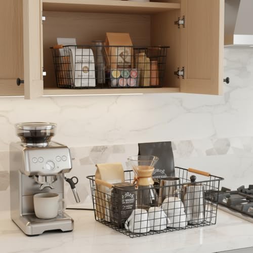 4 Pack Black Large Wire Baskets for Organization Metal Wire Food Storage Basket Organizer with Wooden Handles for Organizing Kitchen Cabinets - Image 3