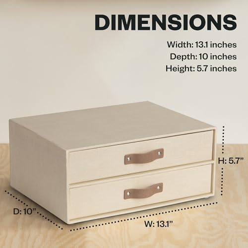 Bigso Birger 2 Drawers - Desktop Drawers for A4 and Letter Size Papers and Documents - Tabletop Drawers with Leather Handles - 13.1 in x 10 in x 5.7 in - Cream - Image 2