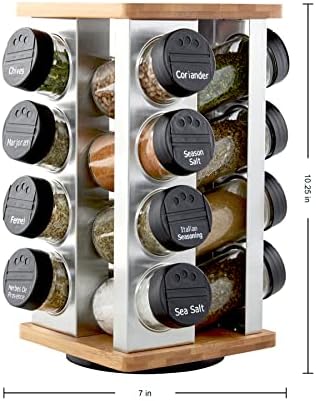 Kamenstein 16 Jar Warner Revolving Countertop Spice Rack Organizer with Lift & Pour Caps and Spices Included, FREE Spice Refills for 5 years, Stainless Steel & Bamboo with Black Caps - Image 2