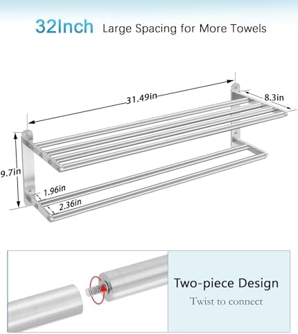 VOTZAAQ 32 in Towel Racks for Bathroom, Bath Towel Shelf with Double Towel Bar, Stainless Steel Towel Storage for Lavatory Wall Mounted, 2-Tier Towel Hanger Towel Holder, Brushed Nickel - Image 5