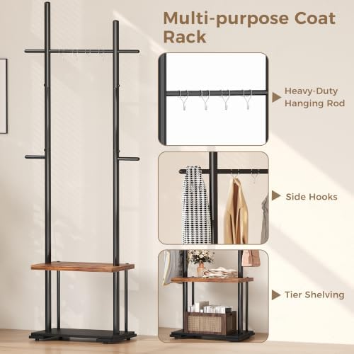 Freestanding Coat Rack Stand, Adjustable Feet, 2 Storage Shelves - Image 4