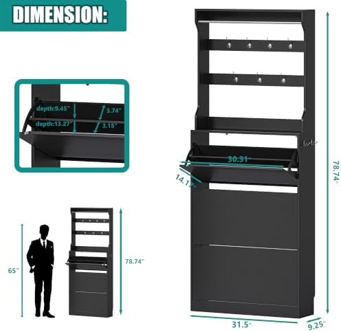 Shoe Cabinet for Entryway with 3 Flip Drawers, Black Tall Shoe Storage Cabinet with Coat Rack, Wood Narrow Slim Hidden Freestanding Shoe Rack Organizer, 2 in 1 Hall Tree for Living Room, Hallway - Image 2