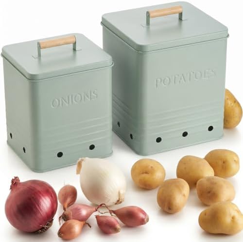 Beautiful Potato and Onion Storage Container Set - Food Safe Metal Bins by ZICOTO