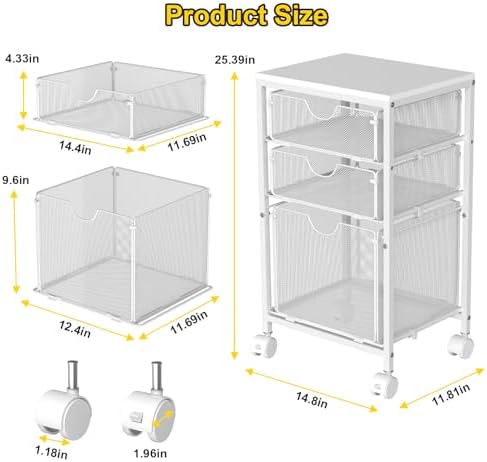 BOHDK Rolling File Cart with 3 Storage Drawers, Wood & Mesh Hanging File Folder Organizer with Wheels Under Desk, File Cabinets for Home Office, 11.81" D x 14.8" W x 25.39" H, White - Image 3