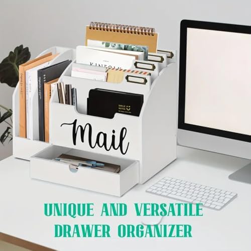 Wood Desk Organizer, Mail Organizer Countertop with Drawer, White - Image 4