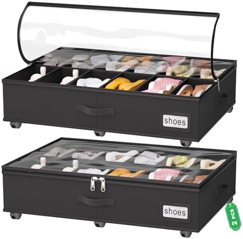 homyfort Under Bed Shoe Storage with Wheels, Fits 24 Pairs, Rolling Shoe Organizer with Bottom Support & Clear Lids, Sturdy Under Bed Storage Box for Shoes, Set of 2, Black by homyfort