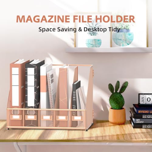 5 Vertical Compartments Magazine Holder, Metal Binder Organizer, RoseGold - Image 4