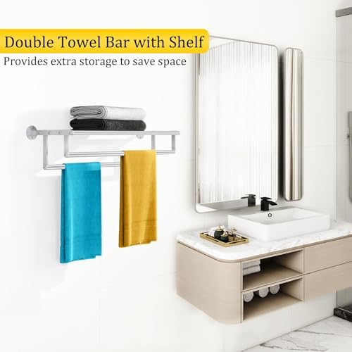 Double Towel Racks for Bathroom Towel Rack with Shelf, 24 Inch Double Towel Bars, Wall Mount Towel Holder for Bathroom Lavatory, Stainless Steel Towel Rod(Brushed Nickel) - Image 2