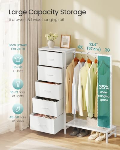 SONGMICS Dresser with Hanging Rod, 5 Fabric Drawers, Bottom Shelf - Image 4