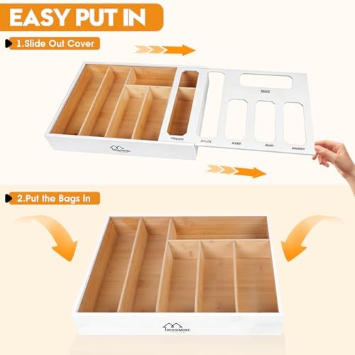 6 in 1 Bamboo Bag Storage Organizer, White Baggie Organizer for Drawer with Sliding Lid - Fits Gallon, Quart, Sandwich, Snack & Freezer Bags, Wall Mountable Kitchen Drawer Organization - Image 4