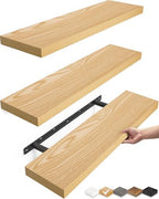 BAYKA Light Oak-Toned Floating Shelves 22.5in, Set of 3, Wall Mounted Shelf by Bayka
