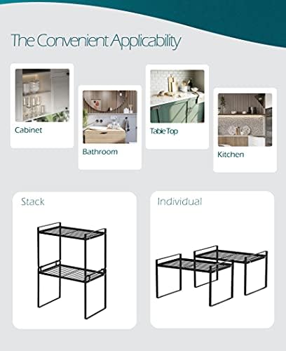Shantton 2pk Kitchen Cabinet Shelf Counter Organizer Rack Pantry Storage Bathroom Bedroom Office Table Desk Space Saving Steel Frame Stackable Rust Resistant Non Slip Black-Tall-L13in W8.3in H9.5in - Image 4