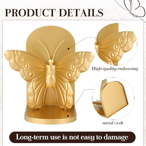 2 Pcs Vintage Butterfly Bookends Metal Butterflies on Stands with Gold Finish, 7" Tall Heavy Duty Decorative Book Ends, Book Stopper Holder Decor for Desk Home Office Shelf Decorations - Image 3